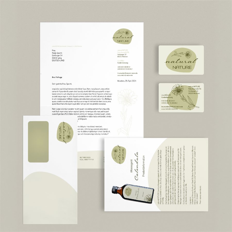 Briefbogen, Briefumschlag, Produktinformation und Visitenkarten von natural NATURE (fiktiv)