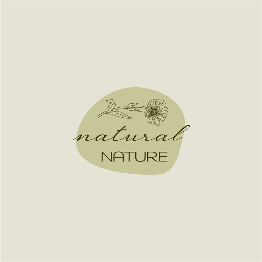Logo natural NATURE (fiktiv) mit Ringelblume auf olivgrüner Form